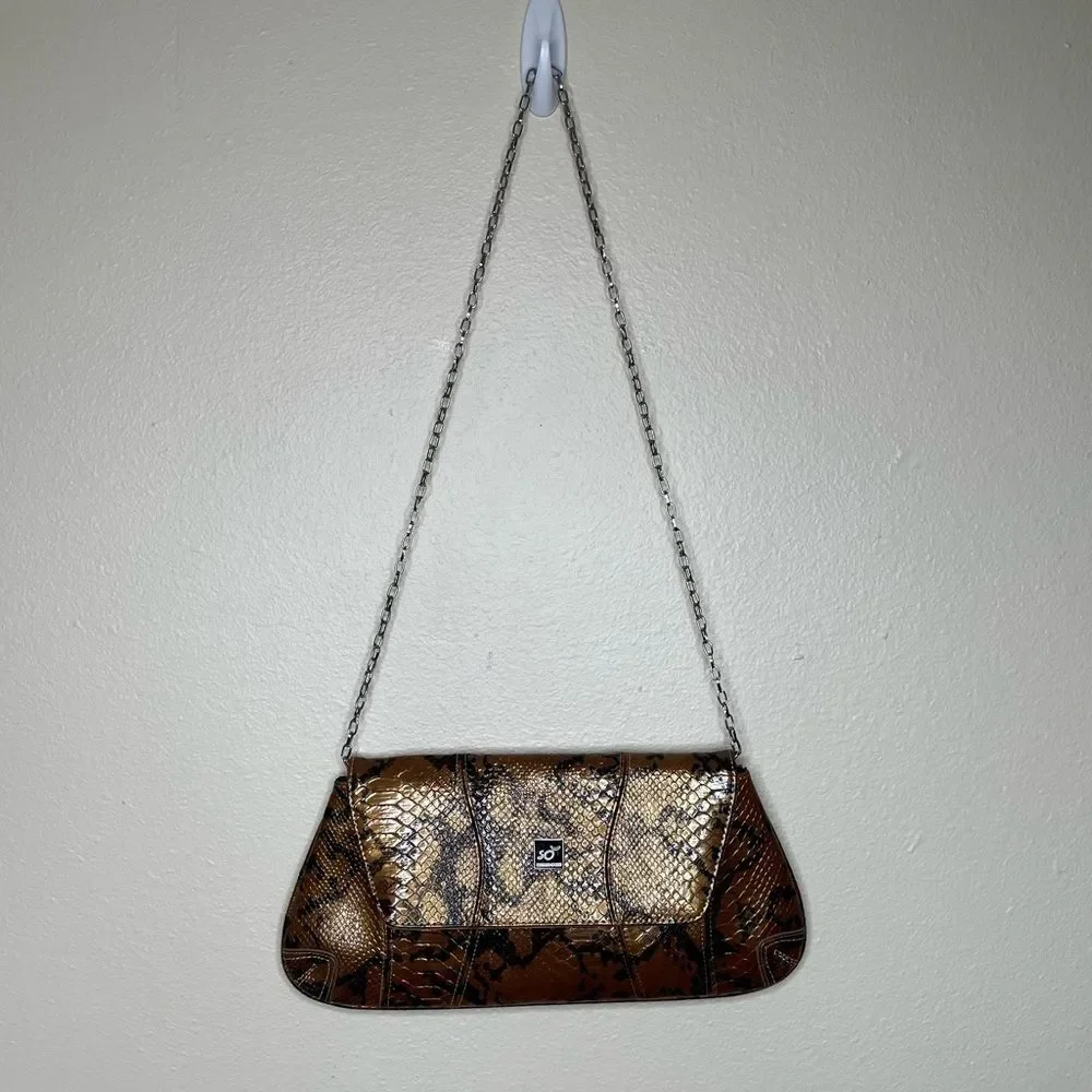 Maurizio Spagni Metallic Copper Reptile Trapezoid Chain Shoulder Bag Clutch